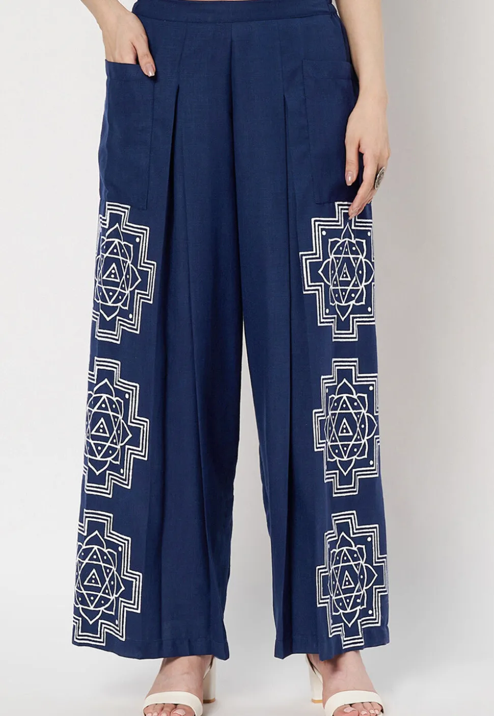 Printed Cotton Pallazo in Navy Blue