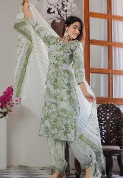 Printed Cotton Punjabi Suit in Green