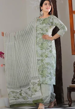 Printed Cotton Punjabi Suit in Green