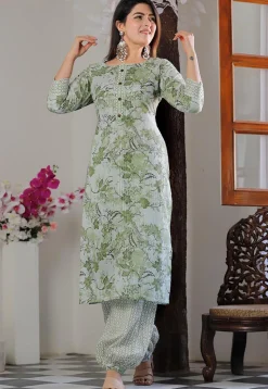 Printed Cotton Punjabi Suit in Green