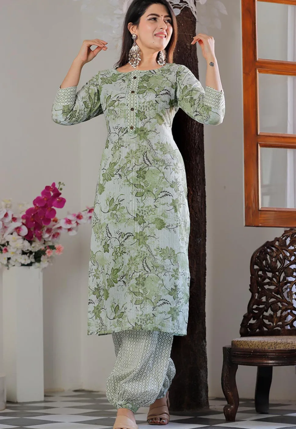 Printed Cotton Punjabi Suit in Green