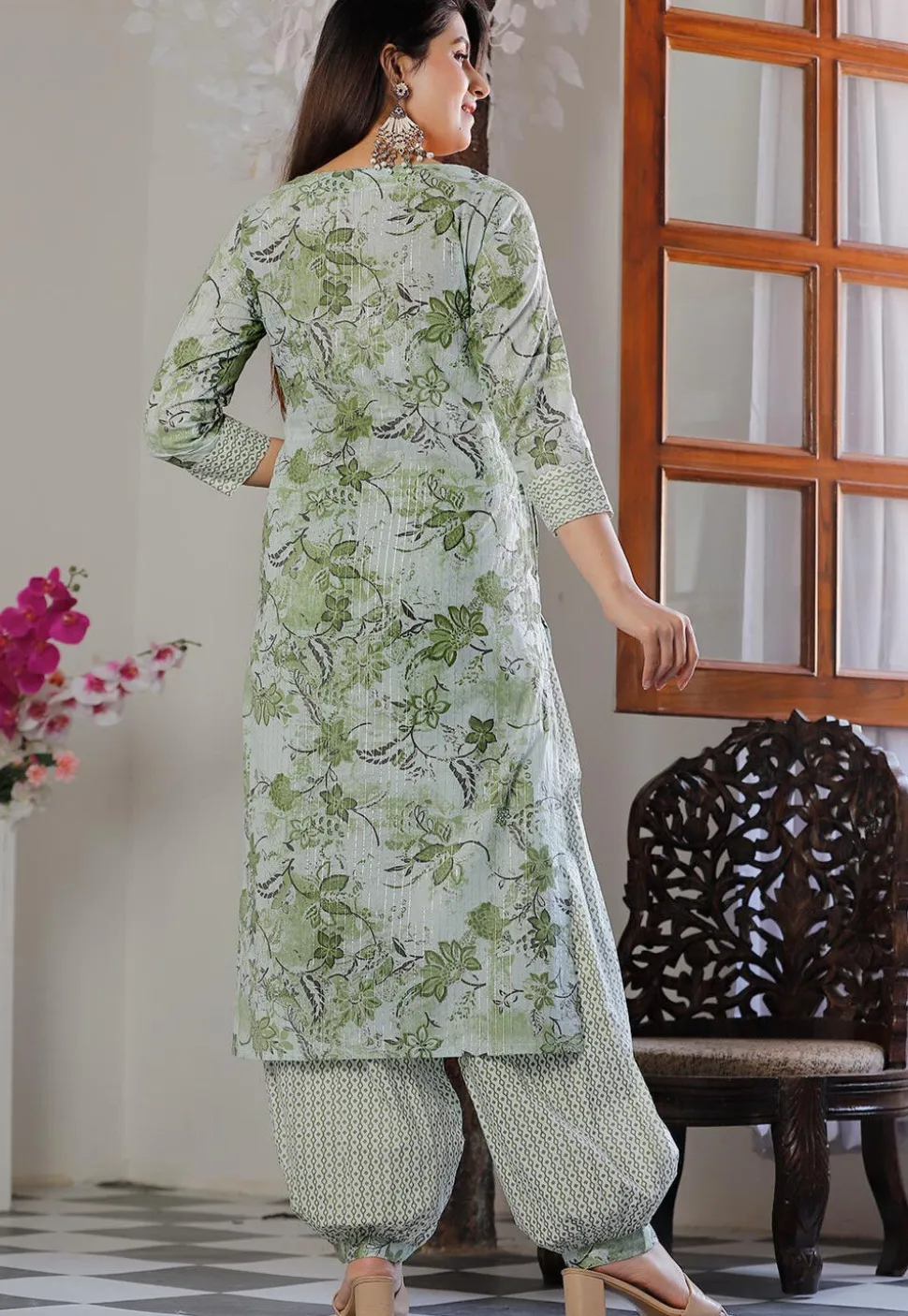 Printed Cotton Punjabi Suit in Green