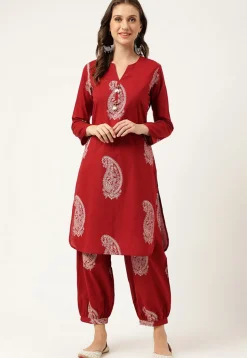 Printed Cotton Punjabi Suit in Maroon