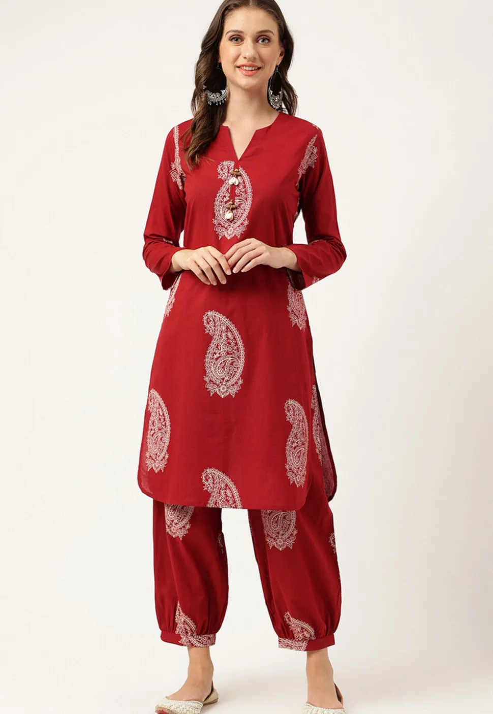 Printed Cotton Punjabi Suit in Maroon