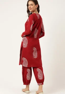 Printed Cotton Punjabi Suit in Maroon