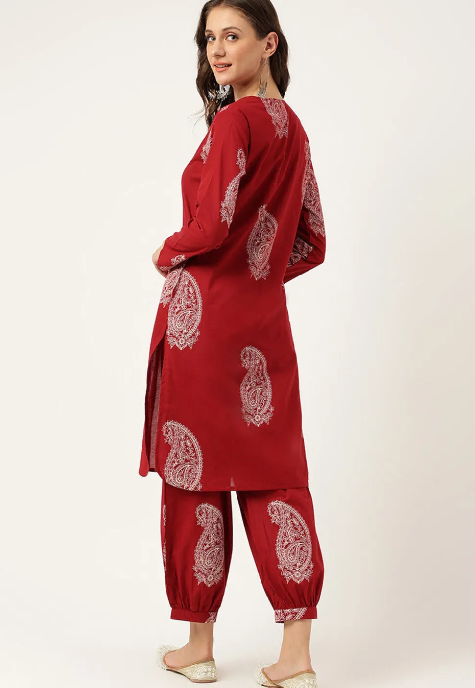 Printed Cotton Punjabi Suit in Maroon