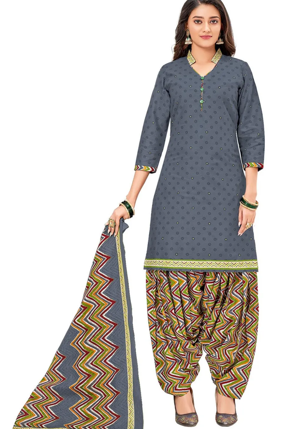 Printed Cotton Punjabi Suit in Grey
