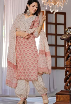 Printed Cotton Punjabi Suit in Peach Pink