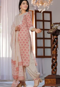 Printed Cotton Punjabi Suit in Peach Pink