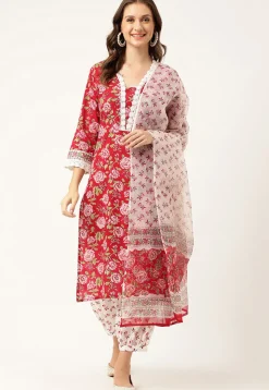 Printed Cotton Punjabi Suit in Maroon