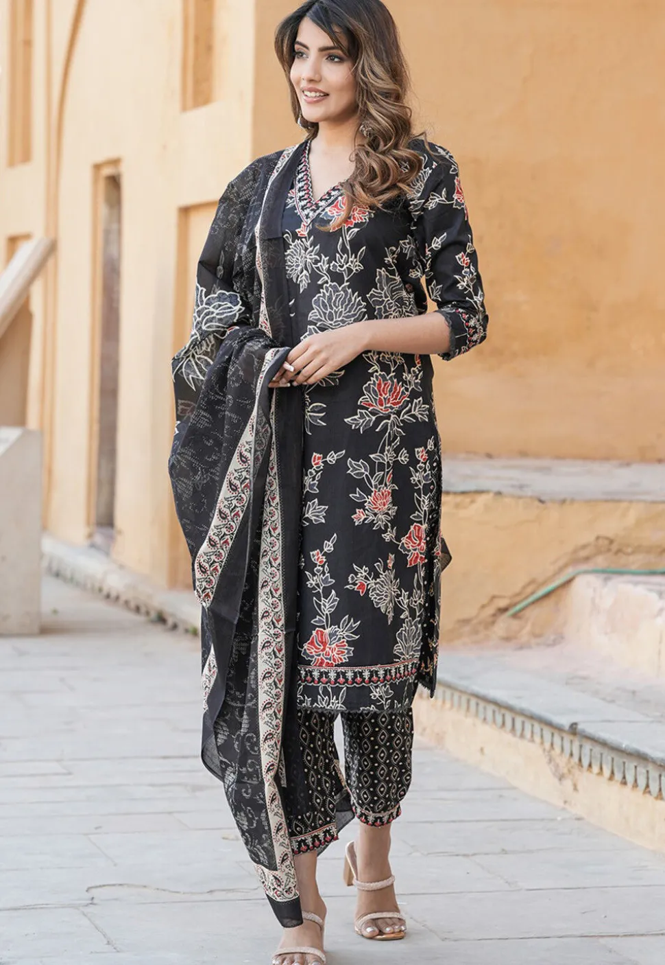 Printed Cotton Punjabi Suit in Black