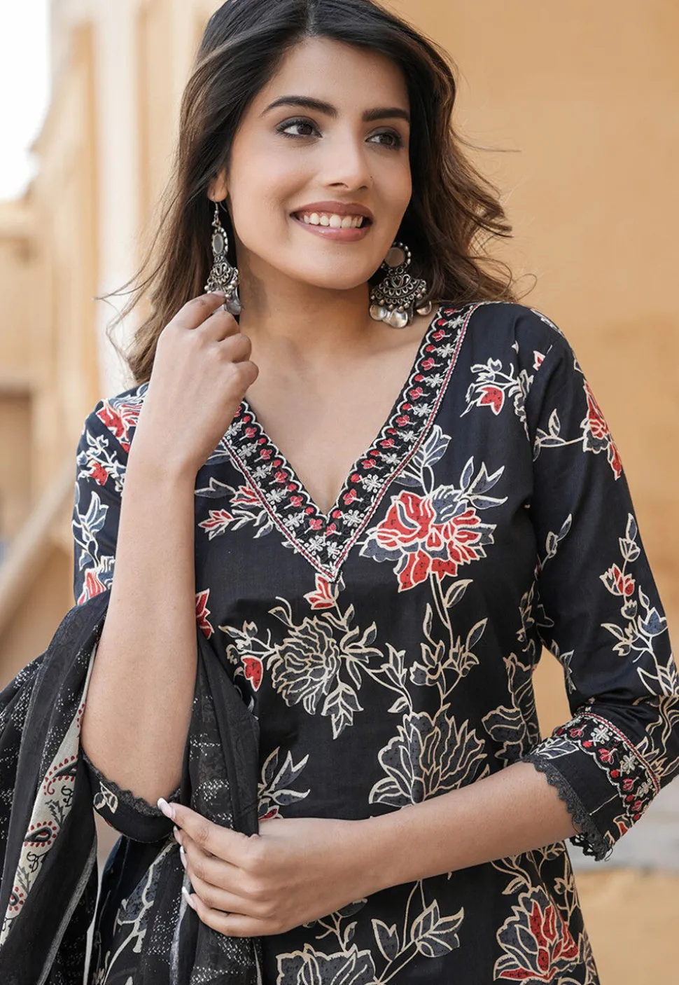Printed Cotton Punjabi Suit in Black