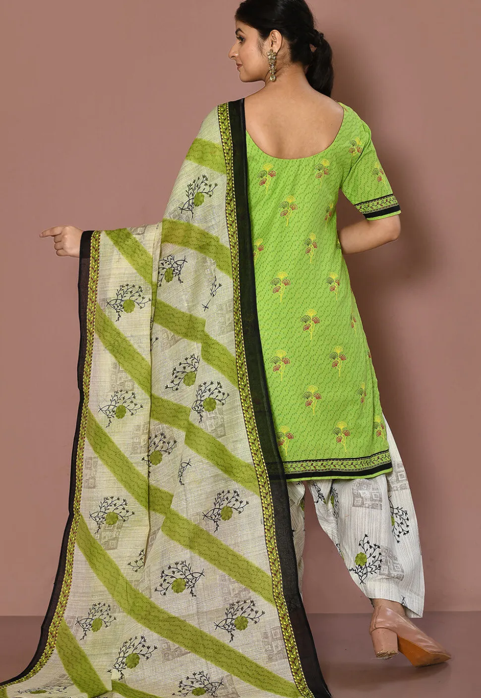 Printed Cotton Punjabi Suit in Light Green