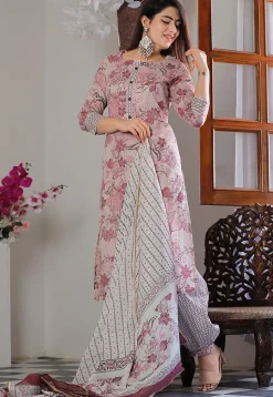 Printed Cotton Punjabi Suit in Pink