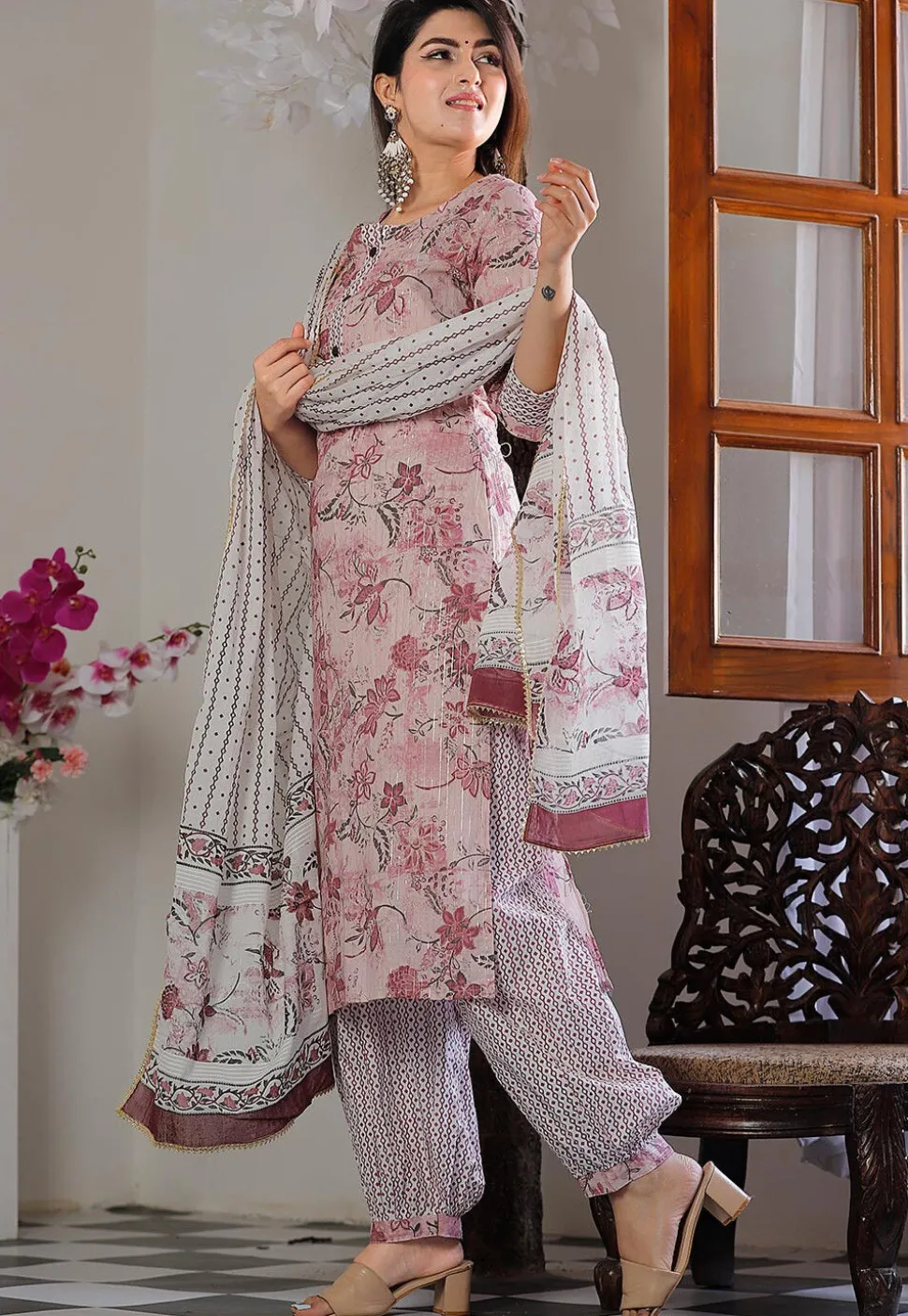 Printed Cotton Punjabi Suit in Pink