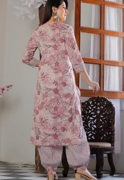 Printed Cotton Punjabi Suit in Pink