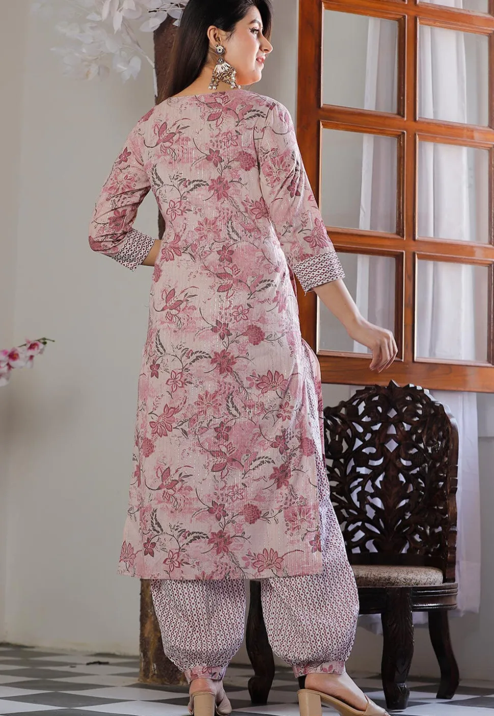 Printed Cotton Punjabi Suit in Pink