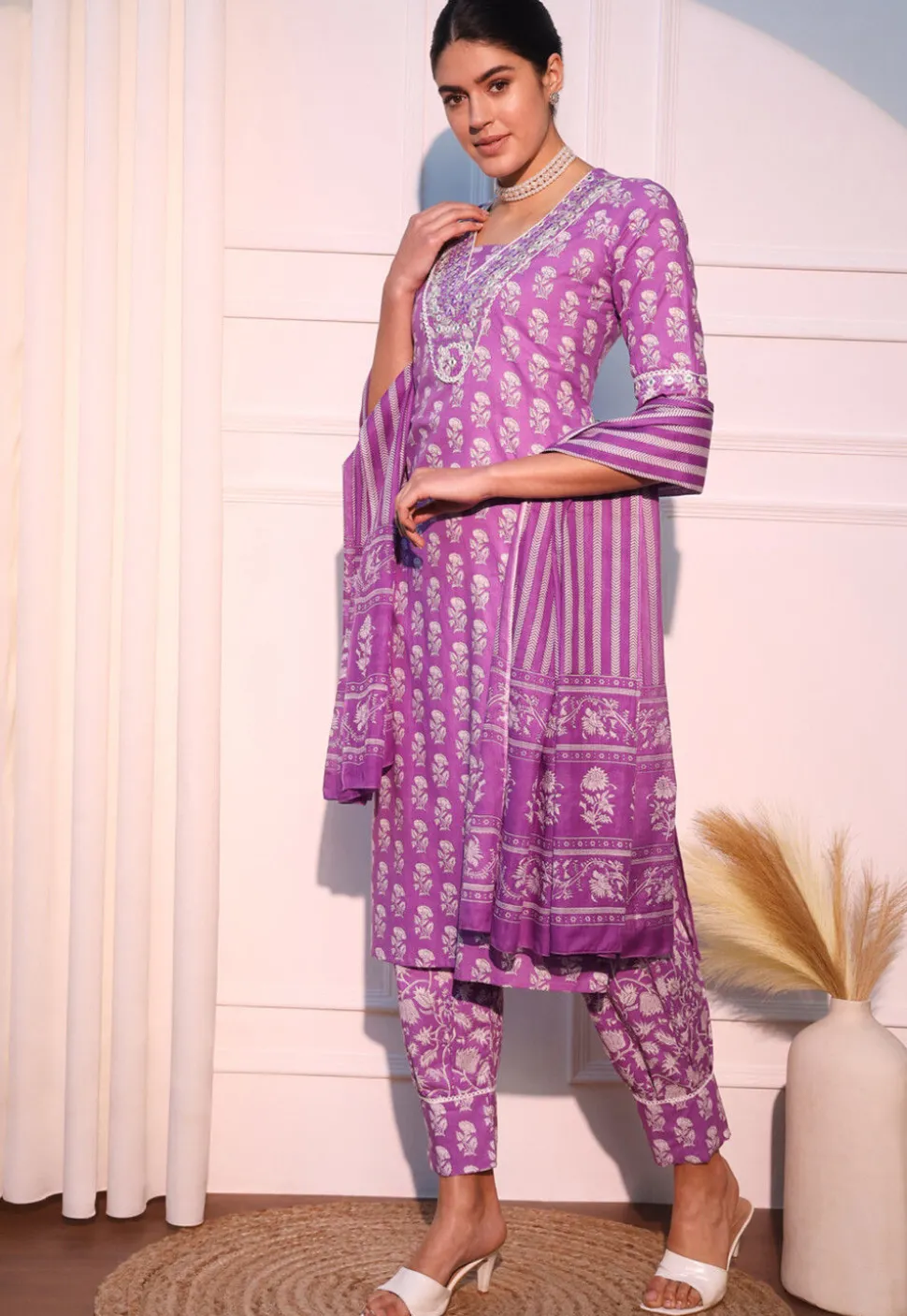 Printed Cotton Punjabi Suit in Light Purple