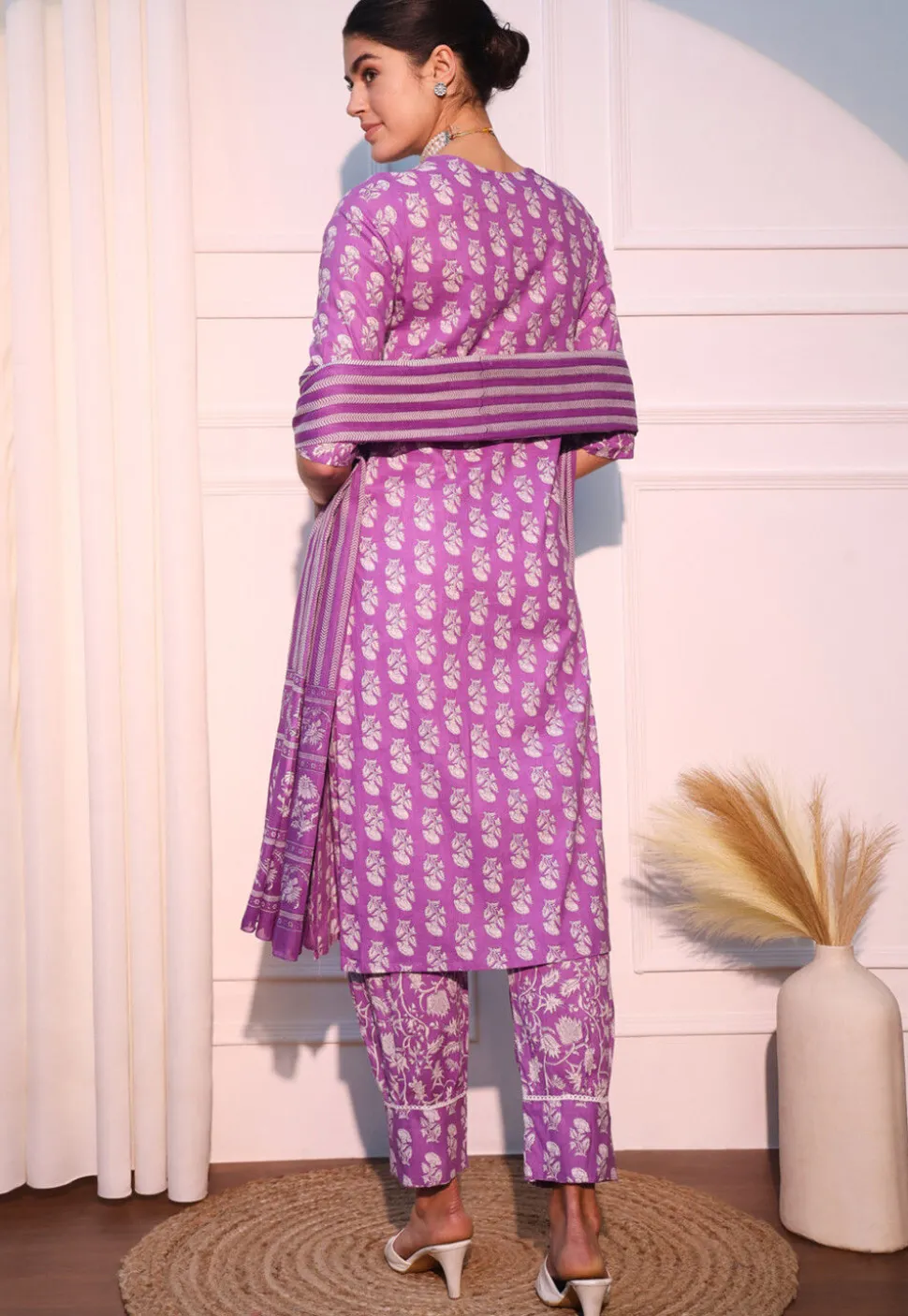 Printed Cotton Punjabi Suit in Light Purple