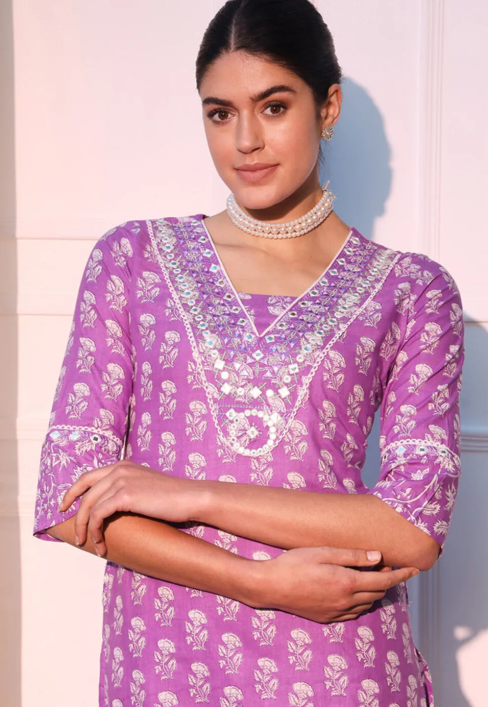 Printed Cotton Punjabi Suit in Light Purple