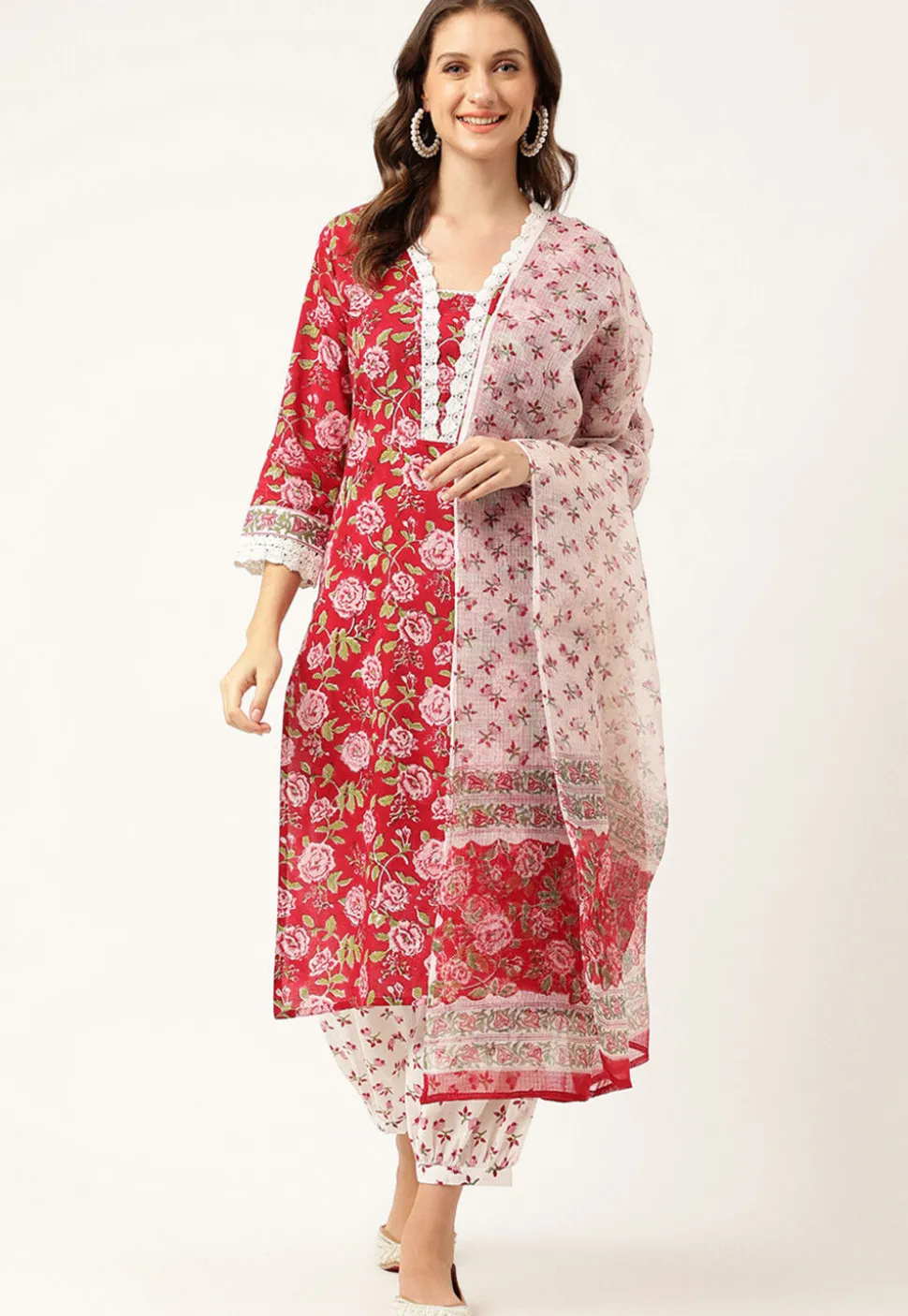 Printed Cotton Punjabi Suit in Maroon