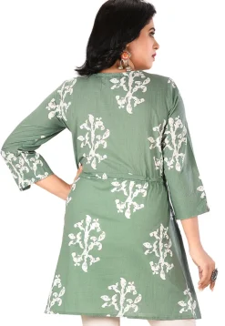 Printed Cotton Rayon Kurta in Dusty Green
