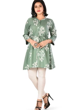 Printed Cotton Rayon Kurta in Dusty Green