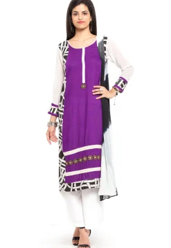 Printed Cotton Rayon Pakistani Suit in Purple and Off White