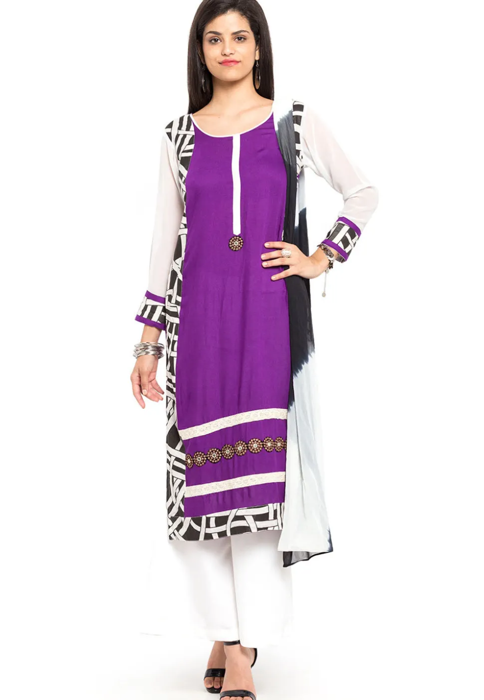 Printed Cotton Rayon Pakistani Suit in Purple and Off White