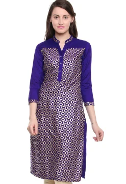 Printed Cotton Rayon Straight Kurta in Dark Blue