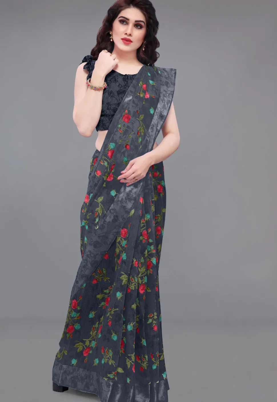 Printed Cotton Saree in Charcoal Black
