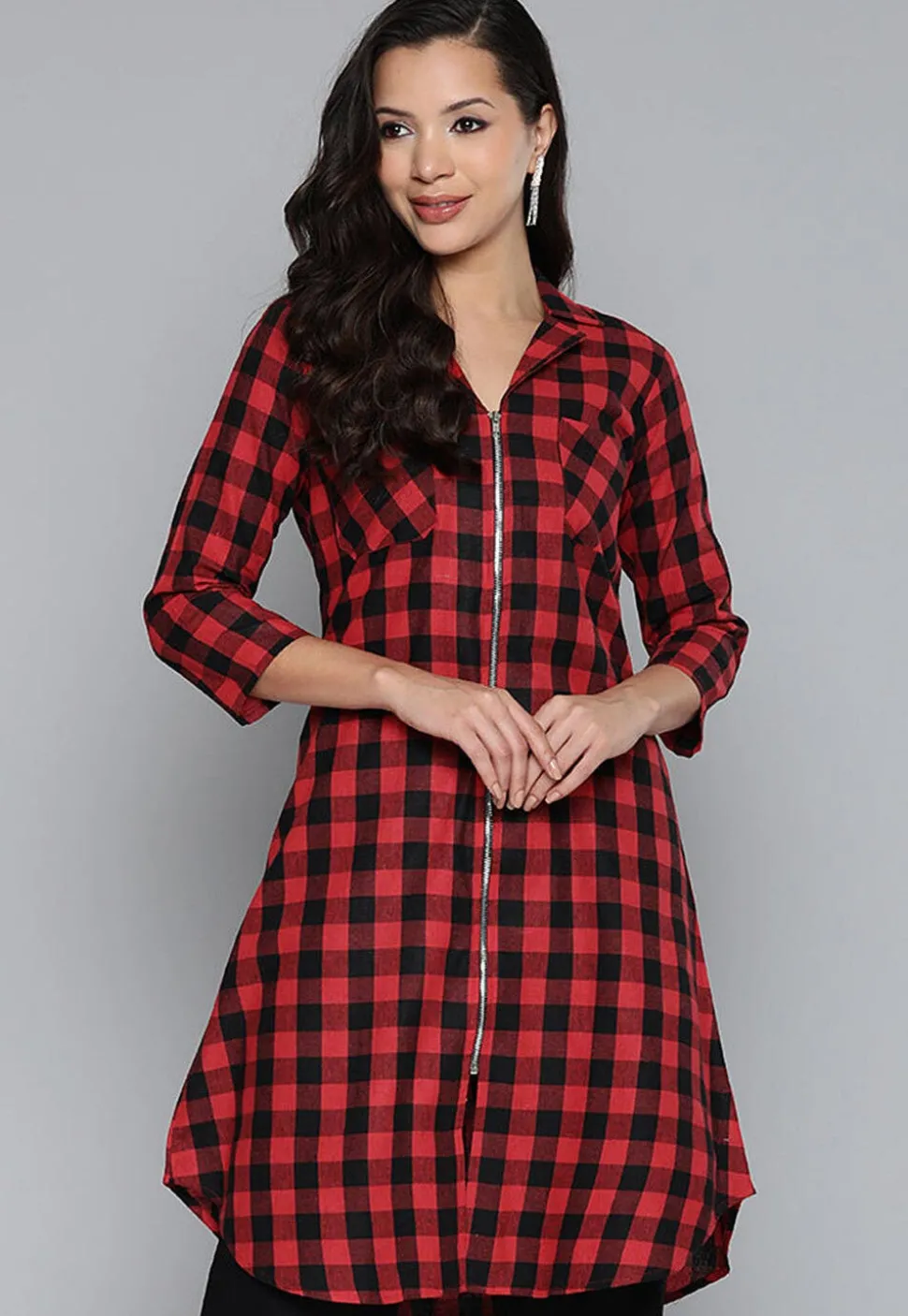 Printed Cotton Shirt Style Tunic in Red