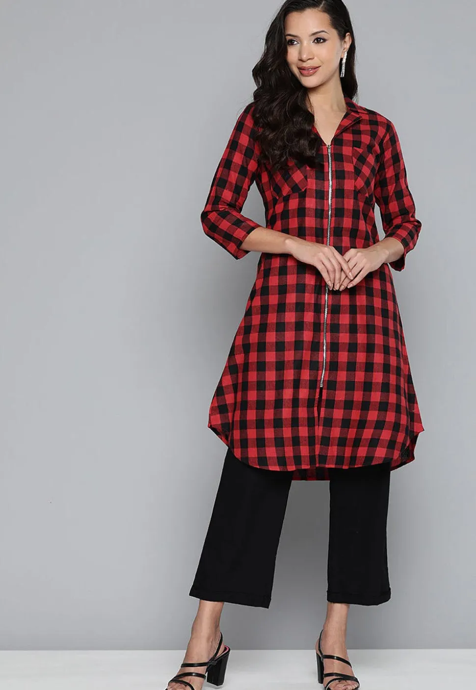Printed Cotton Shirt Style Tunic in Red