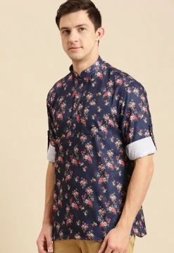 Printed Cotton Short Kurta in Navy Blue