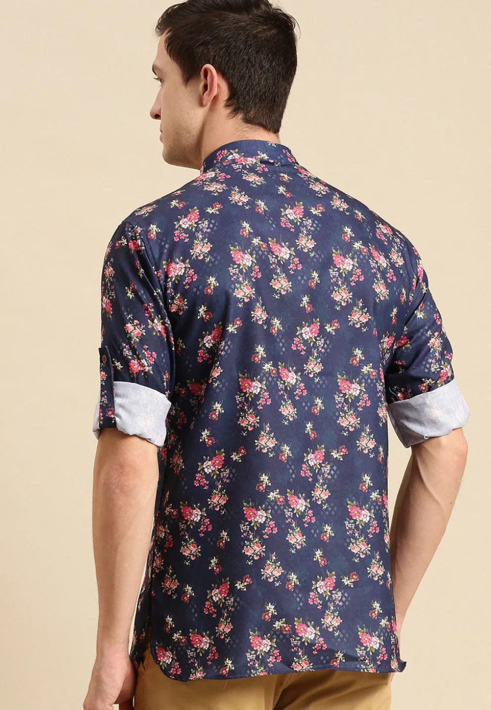 Printed Cotton Short Kurta in Navy Blue