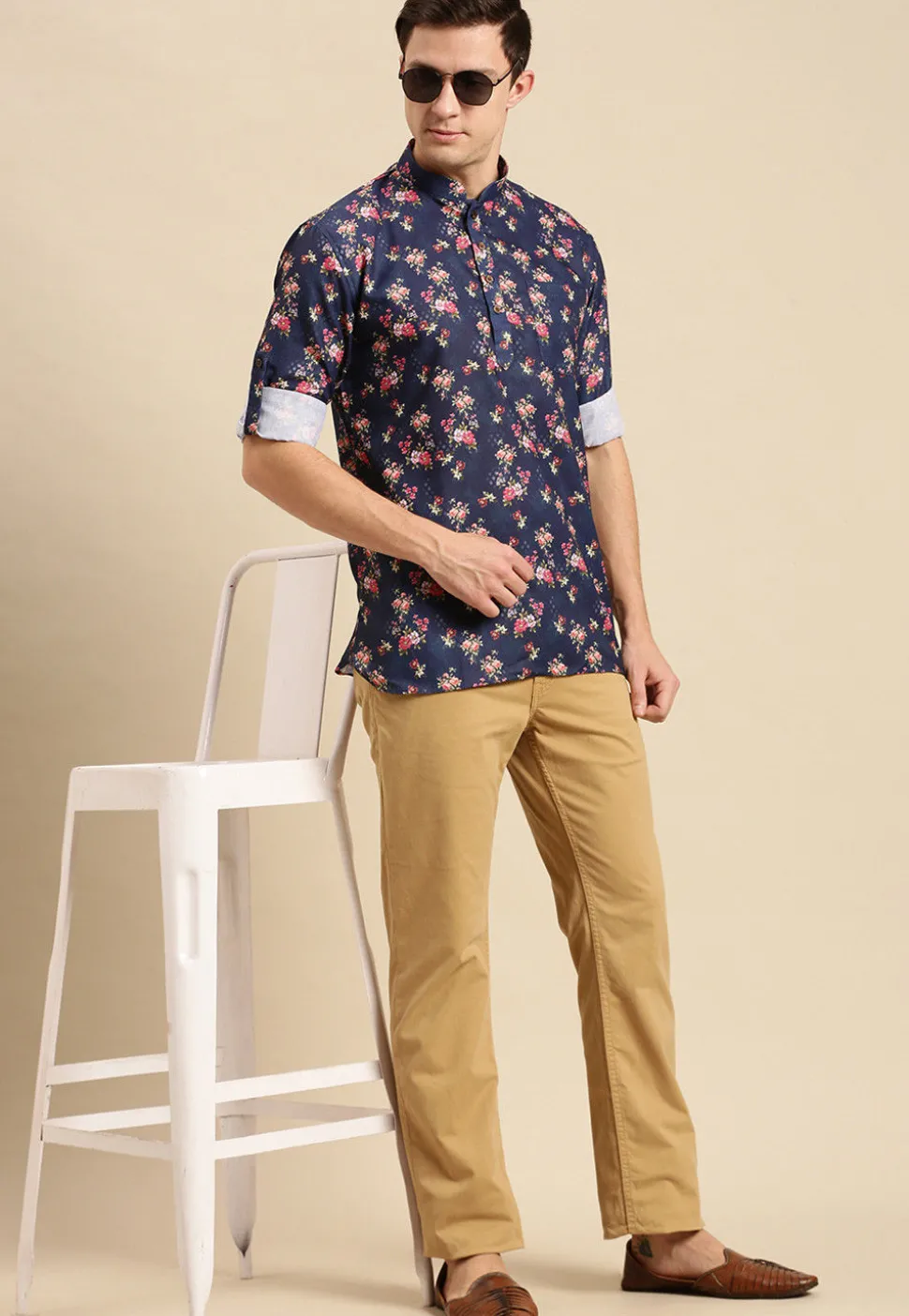 Printed Cotton Short Kurta in Navy Blue