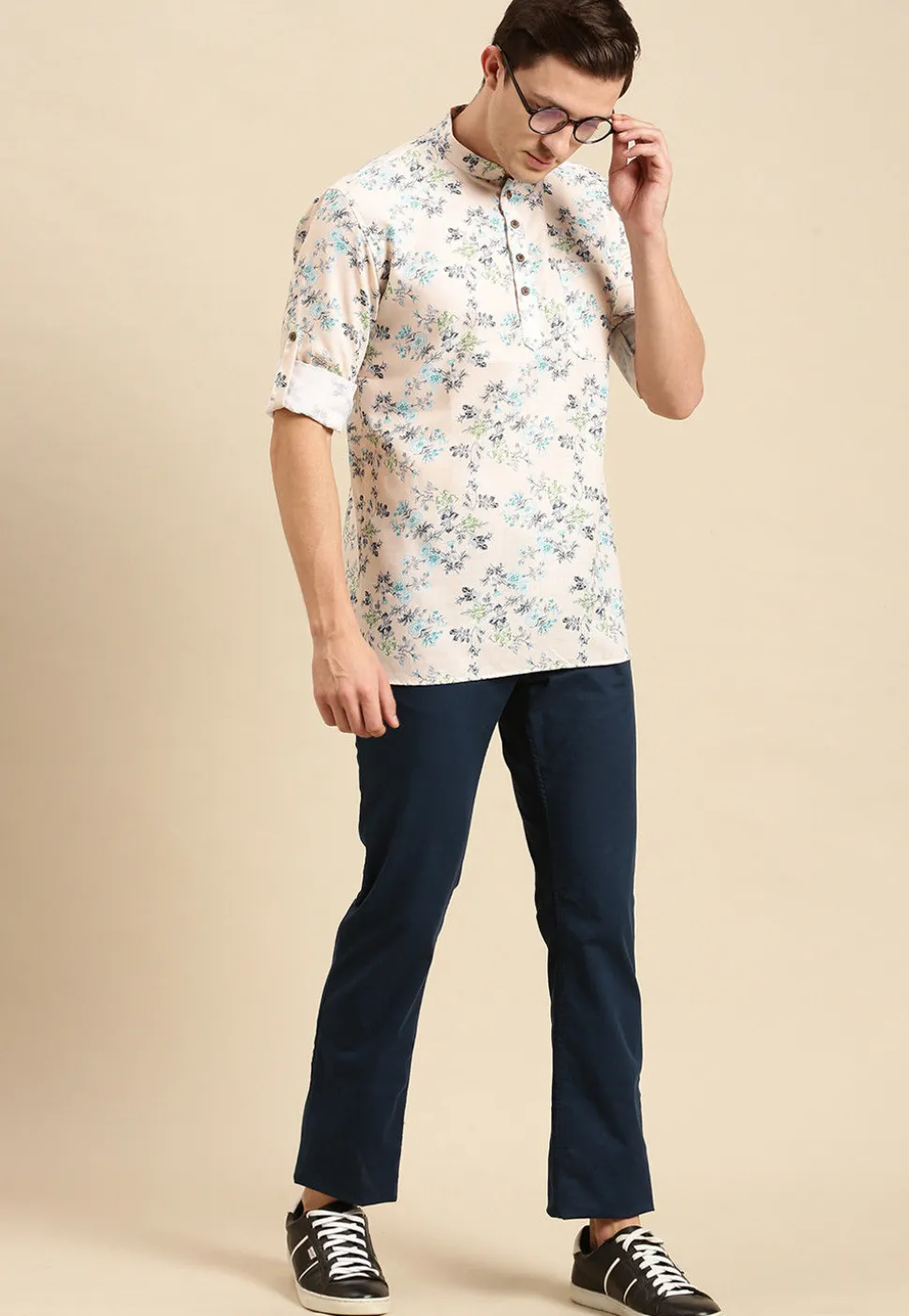 Printed Cotton Short Kurta in Cream