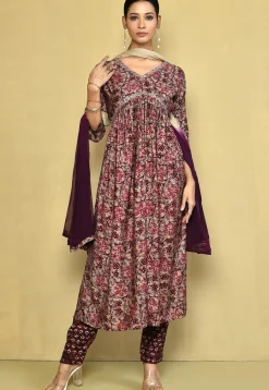 Printed Cotton Silk A Line Suit in Beige