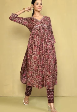 Printed Cotton Silk A Line Suit in Beige