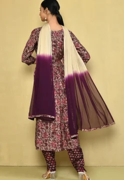 Printed Cotton Silk A Line Suit in Beige