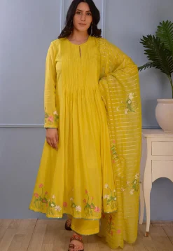 Printed Cotton Silk Aline Suit in Yellow