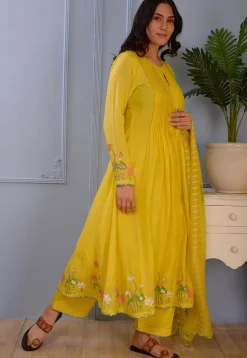 Printed Cotton Silk Aline Suit in Yellow