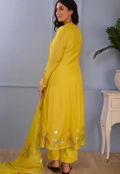 Printed Cotton Silk Aline Suit in Yellow