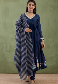 Printed Cotton Silk Aline Suit in Navy Blue