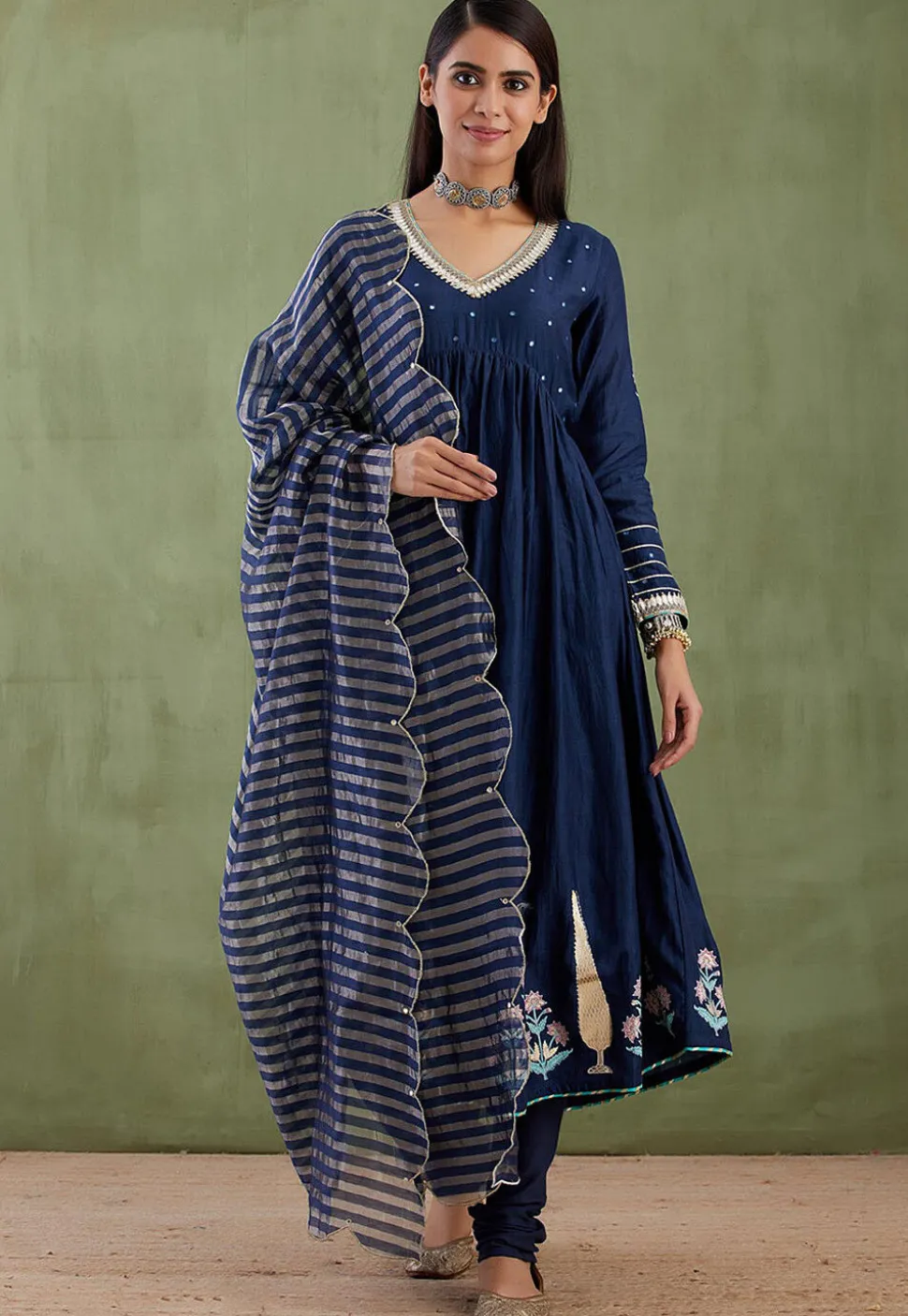 Printed Cotton Silk Aline Suit in Navy Blue