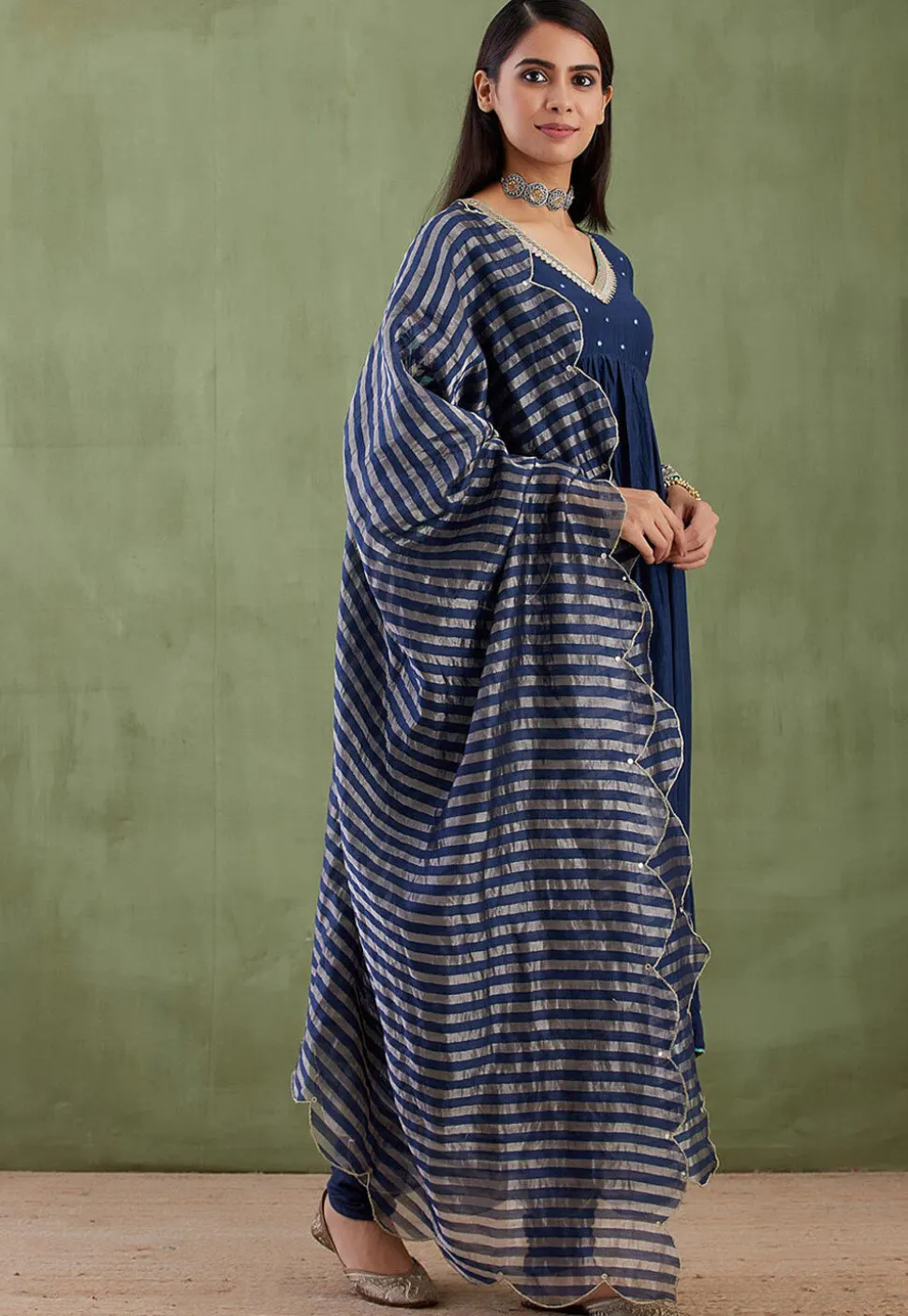 Printed Cotton Silk Aline Suit in Navy Blue