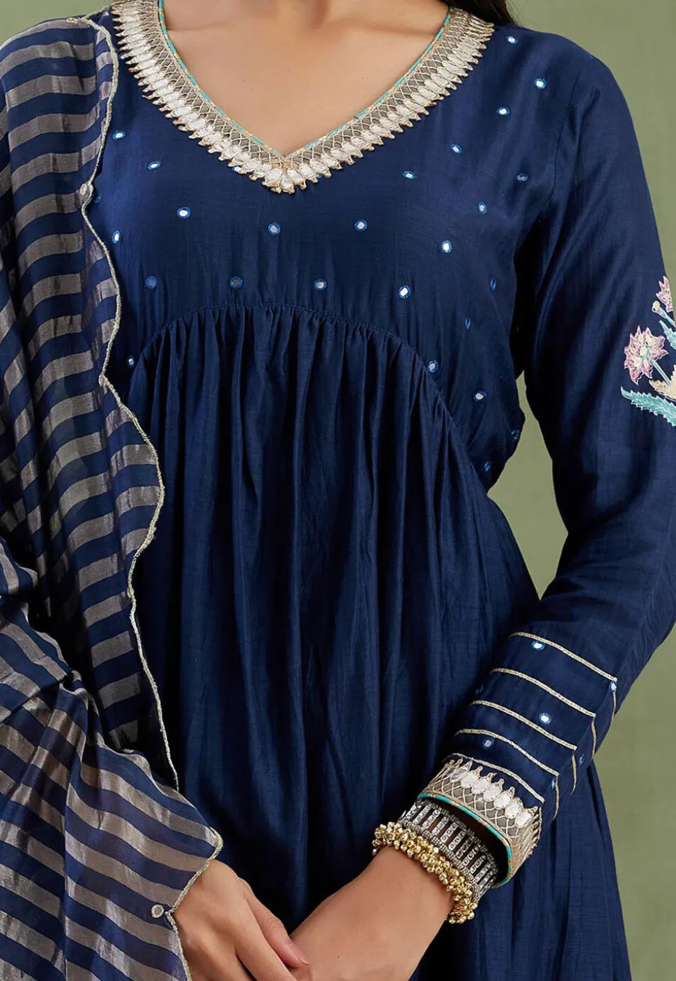 Printed Cotton Silk Aline Suit in Navy Blue