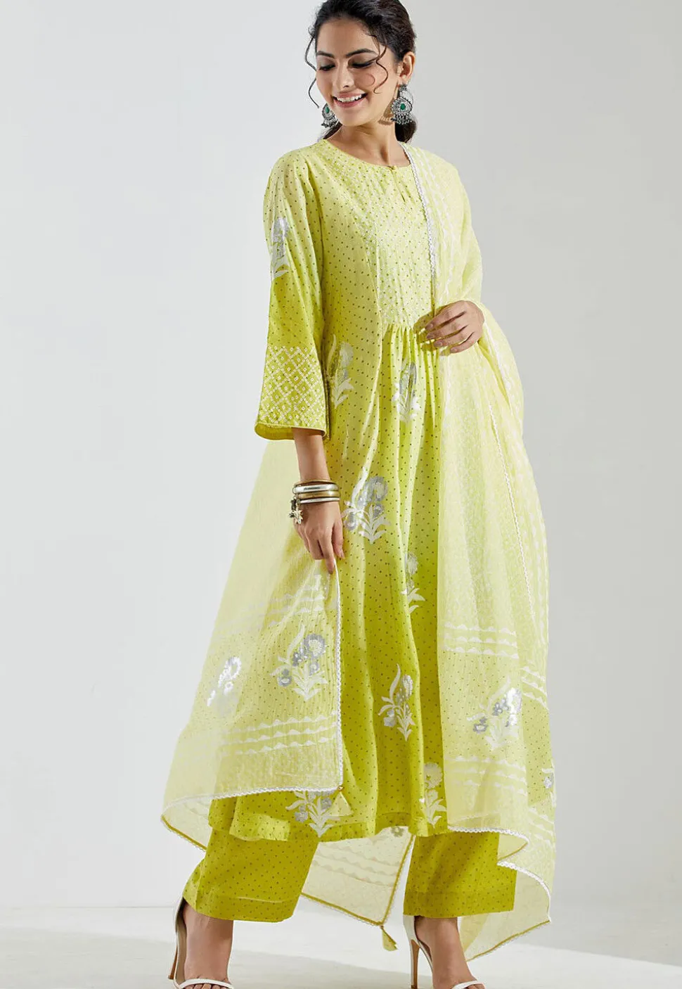 Printed Cotton Silk Aline Suit in Ombre Light Green