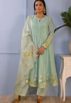 Printed Cotton Silk Aline Suit in Pastel Green