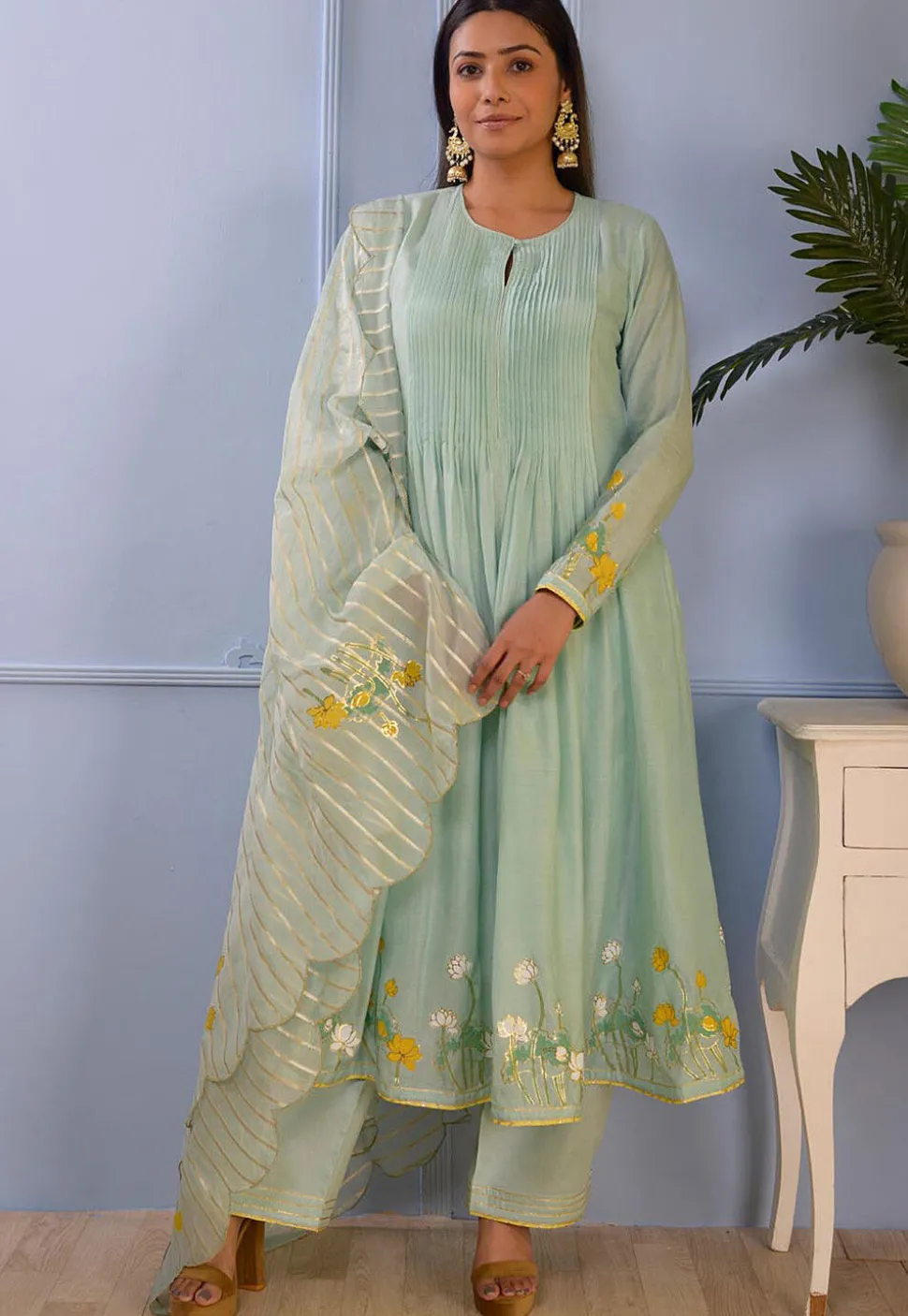 Printed Cotton Silk Aline Suit in Pastel Green